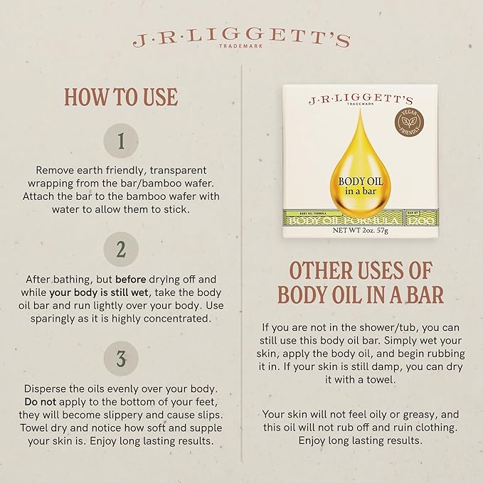 J.R.LIGGETT’S All-Natural Body Oil Formula Bar with Bamboo Wafer, Solid Organic Moisturizing Oil Bar for Face and Body, Never Greasy and Never Oily, Ideal for Dull and Dry Skin, 2.4 Ounces