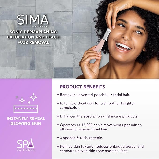 SPA SCIENCES - SIMA Patented Dermaplane Razor for Women Face – Painless 2-in-1 Facial Exfoliation & Peach Fuzz Hair Removal – Anti-Aging – 3 Speeds – Rechargeable – 21 Weeks Treatment