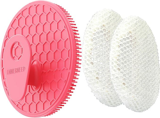 INNERNEED Food-Grade Silicone Body Scrubber Gentle Cleansing Brush with Exfoliating Net Sponge Bath Scrubbing Washcloth Case, More Hygienic and Well Lather (Pink Set)