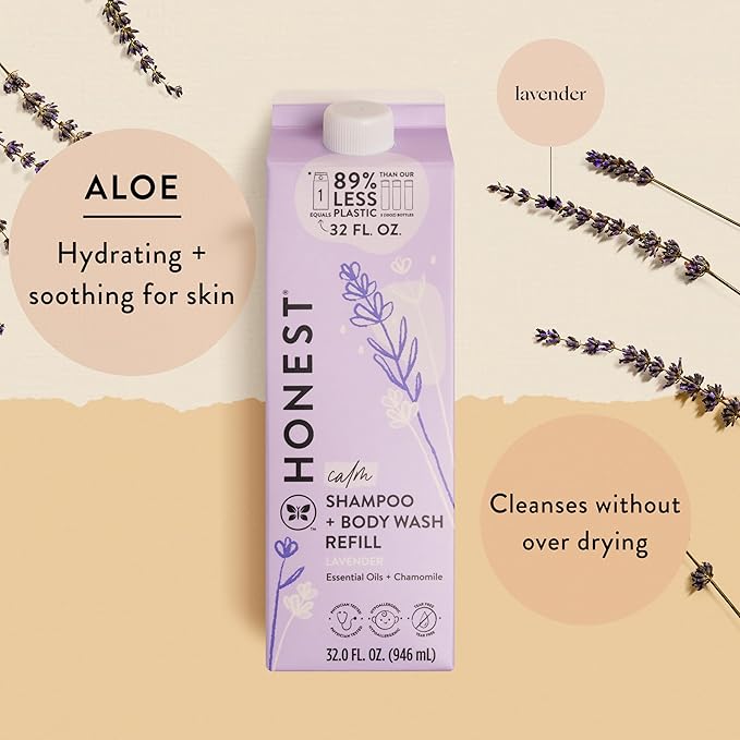 The Honest Company 2-in-1 Cleansing Shampoo + Body Wash Refill Carton | Gentle for Baby | Naturally Derived, Tear-free, Hypoallergenic | Lavender Calm, 32 fl oz