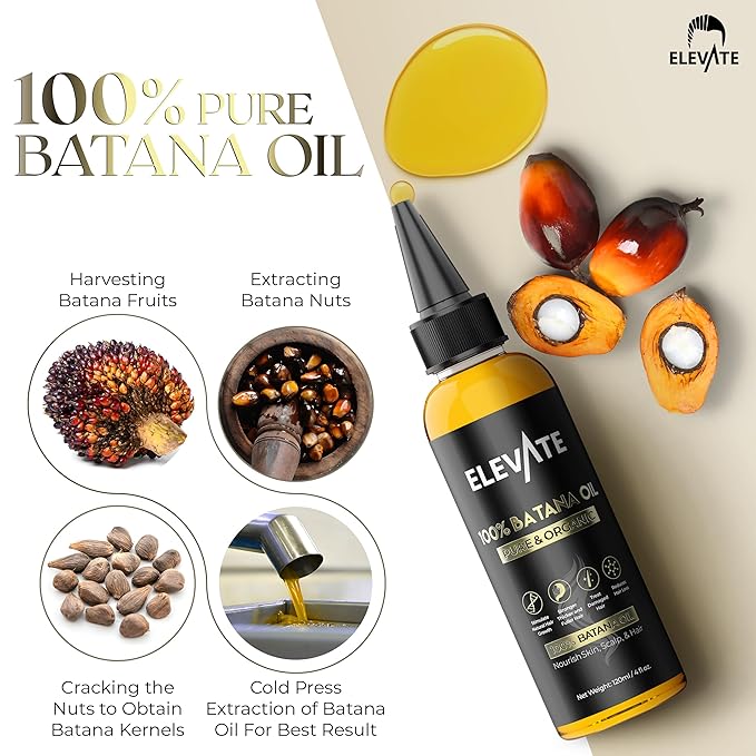 Elevate Batana Oil for Hair Growth | 100% Pure & Natural Raw Dr. Sebi Organic Oil from Honduras | Cold Pressed Chemical-Free for Thickness & Scalp Care Skin | Thicker Stronger Hair 4 Fl Oz 2 Pack