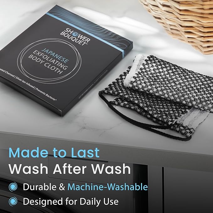 Japanese Exfoliating Washcloth for Back & Body 2-Pack - Charcoal & Silver Ion Exfoliating Towel with Handles - Two-Sided Gentle Exfoliation & Deep Cleanse Body Wash Cloths for Shower - 1 White, 1 Blue
