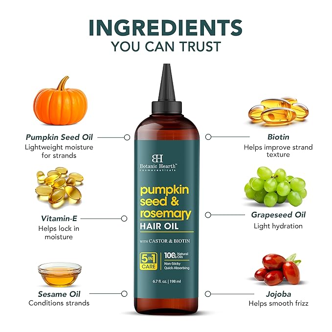 Botanic Hearth Pumpkin Seed Rosemary Oil For Hair Growth (6.7 fl oz)| Infused with Pumpkin Seed, Rosemary, Castor Oil | Hair Oil Repairs Dry Damaged Hair, Strengthening, Moisturizing, Healthier Hair
