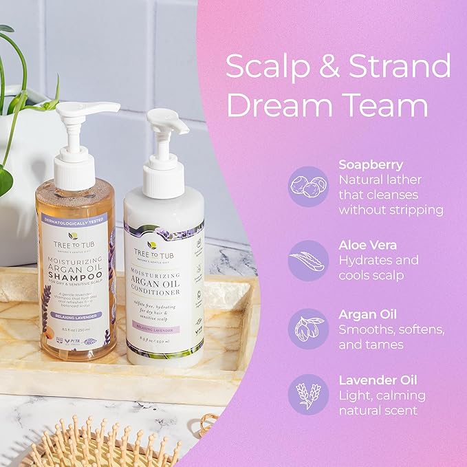 Gentle Argan Oil Shampoo & Conditioner by Tree to Tub—pH 5.5 Balanced Moisturizing Duo with Wild Soapberry & Organic Moroccan Oil - Nourishes Dry Hair & Very Sensitive Scalp, Sulfate Free (2 Pack)