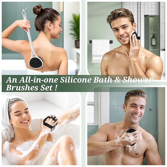 Silicone Back Body Face Scrubbers Set 4PCS, 15.35’’ Back Scrubber Soft Body Scrubber for Dual-Side Usage, Easy-to-Hold Soft Bath Glove & Face Scrubber for Good Foaming Deep Cleaning(Black)