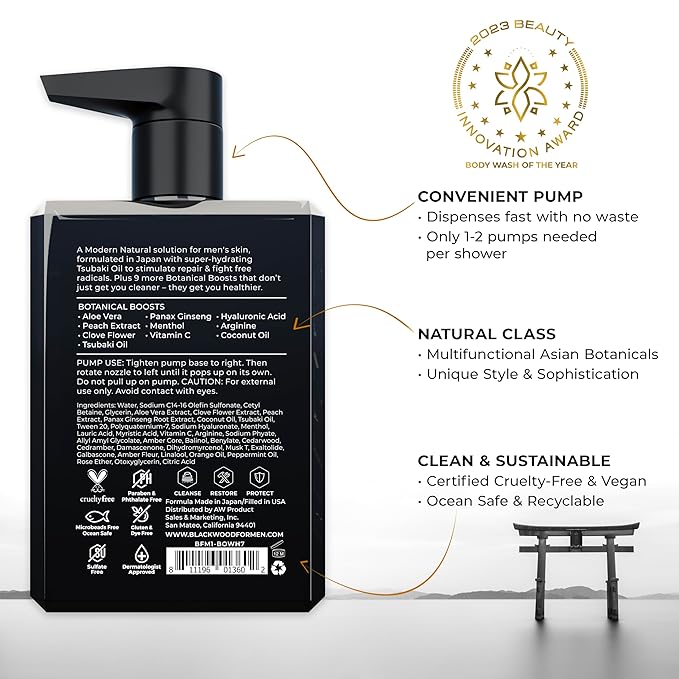 Blackwood For Men Pure Moisture Body Wash - Infused with Ginseng & Menthol - Natural Vegan Formula for Sensitive Skin and Workout Recovery - Sulfate Free, Paraben Free, & Cruelty Free (7 Oz)