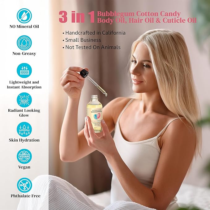 Bubblegum Cotton Candy: Moisturizing Body Oil for Soft, Glowing Skin with Almond & Jojoba Oil (4 fl oz)