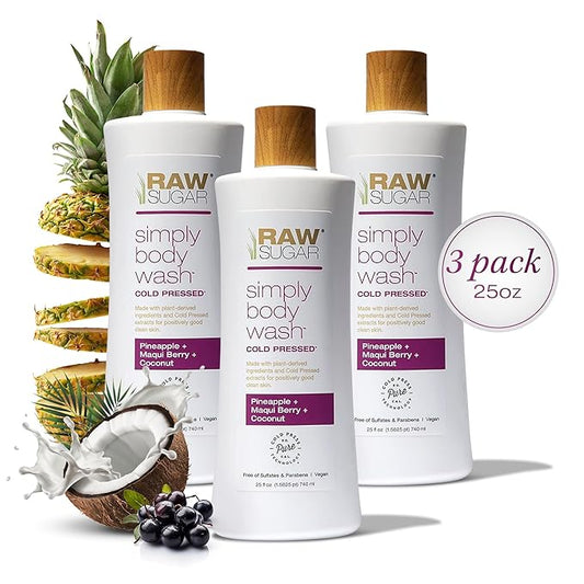RAW SUGAR Simply Body Wash - Pineapple + Maqui Berry + Coconut, Moisturizing & Brightening Bath & Shower Gel, Sulfate-Free, Paraben-Free & Vegan (Pack of 3)