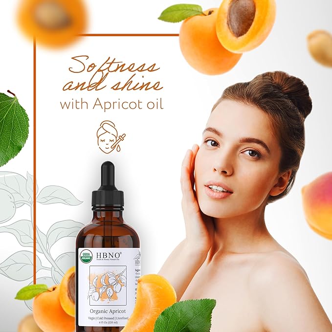 HBNO Organic Virgin Apricot Oil - 4 oz (120ml) Value Size - Ideal for Shampoos, Conditioners, Lip Balms, Face wash, Lotions, and Skin Care Products.
