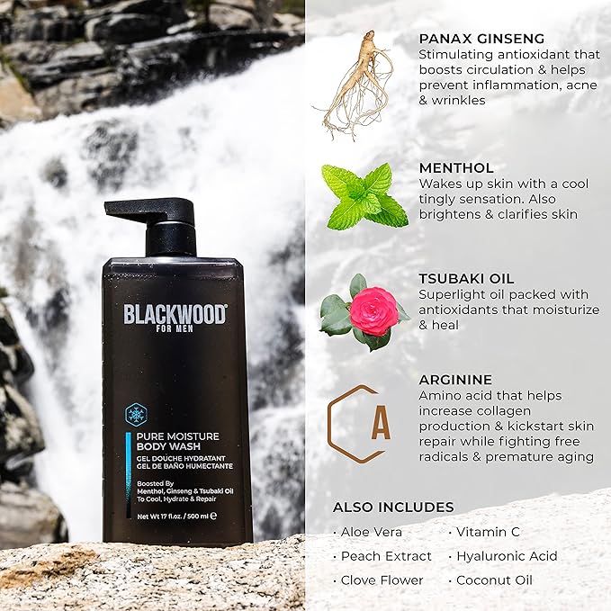 Blackwood For Men Pure Moisture Body Wash - Infused with Ginseng & Menthol - Natural Cleanser for Dry or Sensitive Skin - Ideal for Workout Recovery - Sulfate Free, Dye Free & Vegan (17 oz)