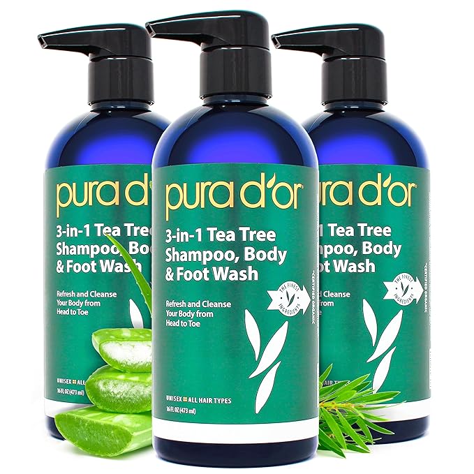 PURA D'OR 3-in-1 Tea Tree Shampoo, Body & Foot Wash, Shampoo (16oz x3 = 48oz) Total Body Care - Foot Odor & Daily Hygiene, Cleansing Routine, Post-Workout Refreshment - Soothes, Invigorates, Nourishes