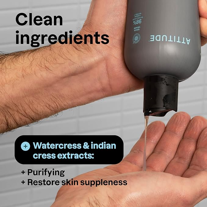 ATTITUDE Shower Gel Body Wash for Men, 98% Natural Origin Ingredients, Paraben & Phthalate Free, EWG Verified, Cleanses Without Drying, Eucalyptus & Sage, 14 Fl Oz (Pack of 3)