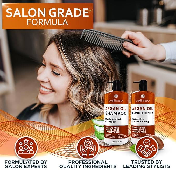 Moroccan Argan Oil Shampoo and Conditioner Set - Sulfate Free with No Parabens - Botanicals for Women and Men - Professional Moisturizing, Anti Frizz, Hydrating Solution for Dry, Wavy and Curly Hair