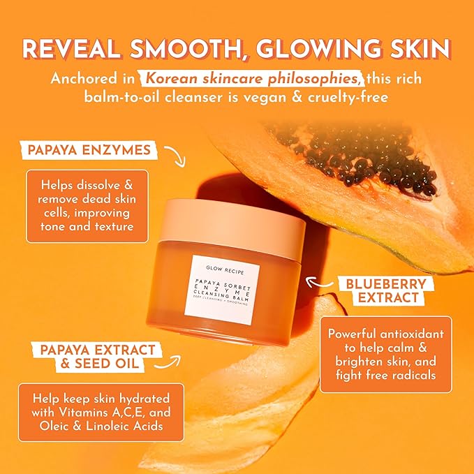 Glow Recipe Papaya Enzyme Cleansing Balm Makeup Remover - Gentle Exfoliator, Makeup Melting Balm & Face Cleanser for Women - Exfoliating Face Wash to Even Skin Tone & Lock-in Facial Hydration (3.38oz)