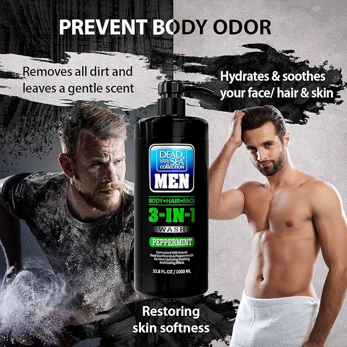 Dead Sea Collection Mens Body Wash 3 in 1 – Peppermint Body Wash for Men – Shower Gel – Shampoo – Shower Soap for Face and Hair – Pack of 2 Bottles (33.8 Fl. Oz. Each)