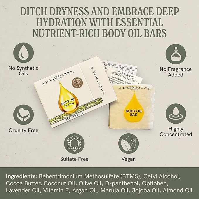 J.R.LIGGETT’S All-Natural Body Oil Formula Bar with Bamboo Wafer, Solid Organic Moisturizing Oil Bar for Face and Body, Never Greasy and Never Oily, Ideal for Dull and Dry Skin, 2.4 Ounces