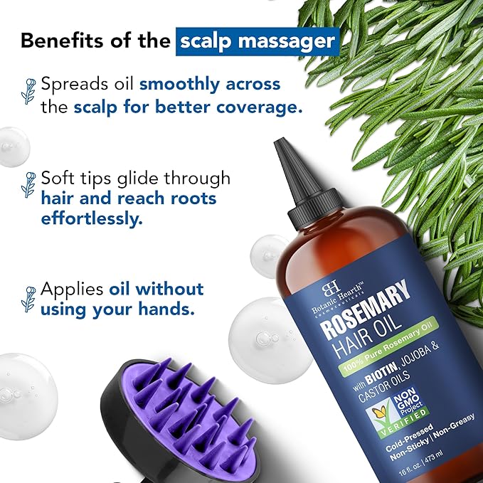 Botanic Hearth Rosemary Hair Oil with Biotin, Jojoba & Castor Oils – 100% Pure Cold-Pressed Rosemary Oil for Hair Growth, Scalp Massage & Nourishment – 16 fl oz with Scalp Massager - Hair Tonic