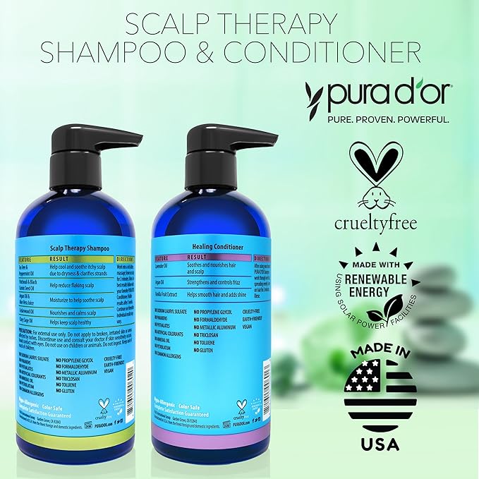 PURA D'OR Scalp Therapy Shampoo & Conditioner Set (16oz x 2) Dry, Itchy Scalp-Hydrates & Nourishes Hair w/Tea Tree, Peppermint, Argan Oil & Biotin, All Hair Type, Men Women (Packaging Varies)