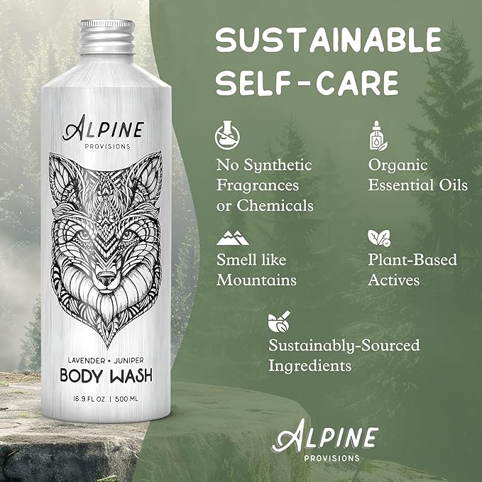 Alpine Provisions Natural Lavender + Juniper Body Wash – Hydrating Cleanser for Dry and Oily Skin with Jojoba & Coconut Oil Extracts – Vegan, Sulfate-Free, Plastic-Free - 16.9 fl oz