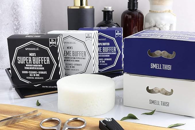 SPONGELLÉ Men's Extreme Buffer - Body Wash/Shower Gel Sponge - Bergamot Absolute White