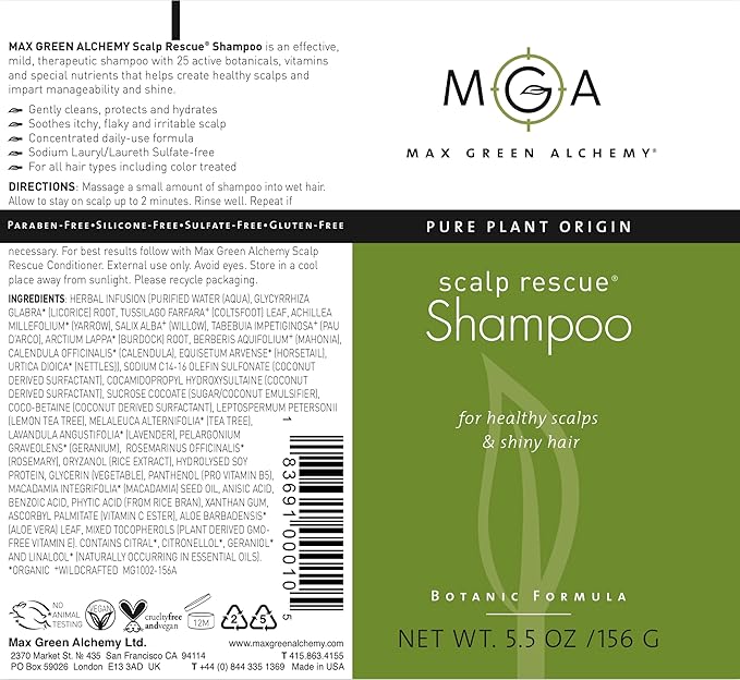 Max Green Alchemy Scalp Rescue Shampoo | No Parabens, Sulfates, PEGs or Quats. Natural Herbal Scent For All Hair Types. With Lemon Tea Tree For Healthy & Lustrous Hair. (5.5 Oz (Pack of 1))