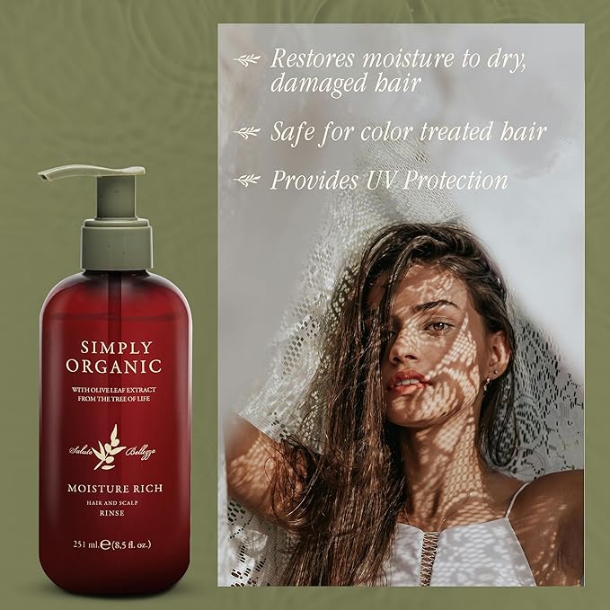SIMPLY ORGANIC Moisturizing Deep Conditioner Scalp Rinse Made in Italy, All Natural Cruelty Free Hair Care for Women & Men with Shea Butter & Olive Leaf Extract, 251ml/8.5floz, MOISTURE RICH