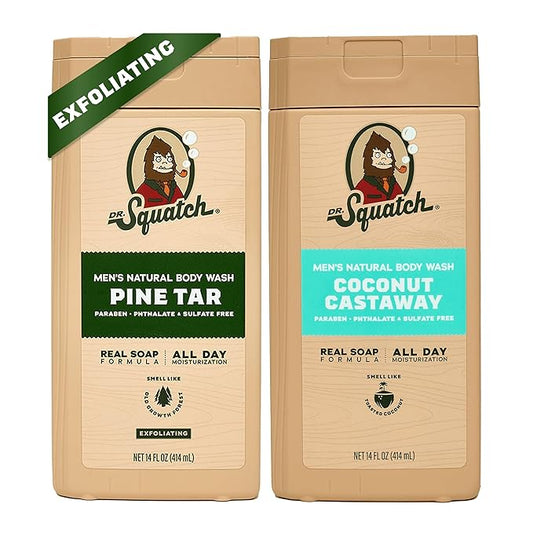 Dr. Squatch NEW Body Wash for Men with Nourishing, Natural Ingredients | No Paraben, Phthalate, Sulfate | All Day Moisture | Long Lasting Scent | Pine Tar & Coconut Castaway (14 oz, 2-Pack)