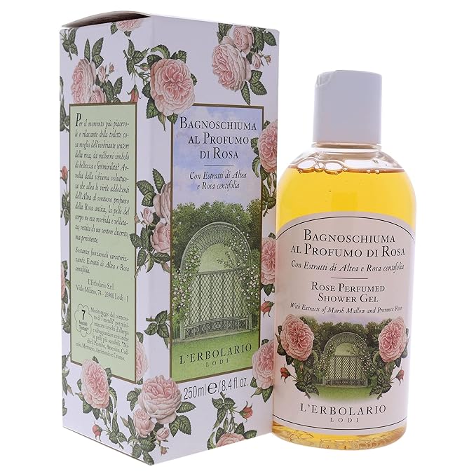 L'Erbolario Perfumed Shower Gel – Soothing Body Soap with Marsh Mallow – Protecting and Toning Body Wash with Amber Floral Fragrance - Rose - 8.4 oz