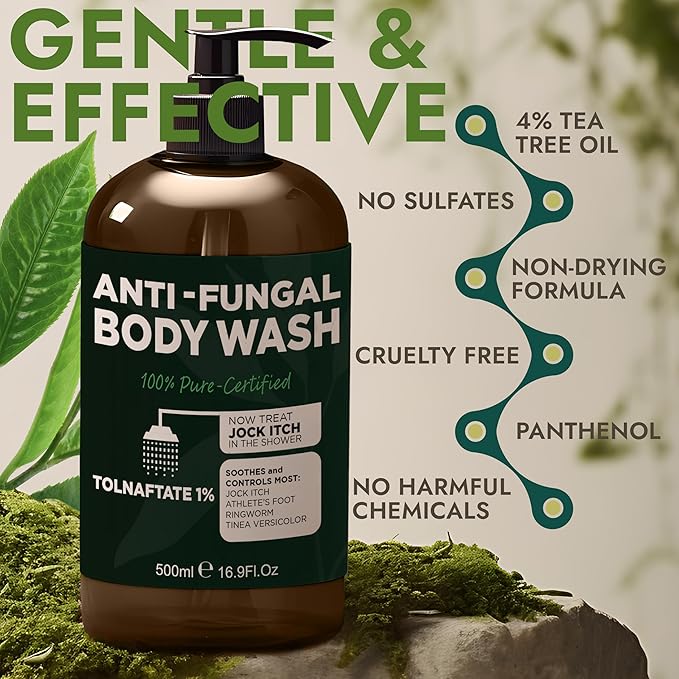 Antifungal Body Wash with Tea Tree Oil | Antibacterial Soap for Back Acne,Treats Ringworm, Eczema & Jock Itch | Antibacterial Body Soap For Men And Women | Includes Silicon Scrubber (16.9 oz)