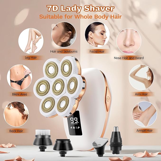 Electric Razors for Women, 7D Electric Shaver for Women, 5 in 1 Lady Shavers, Wet/Dry Bikini Trimmer, Rechargeable Facial Hair Removal, Painless Face Razor for Arms Legs Armpit Pubic Area