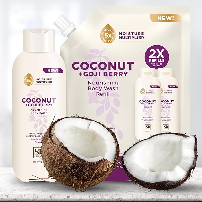 Soapbox Body Wash, Coconut & Goji Berry Liquid Body Wash, Moisturizing Soap with Shea Butter, Vegan Duo Pack of 2 Soap Bottles, 20oz Each