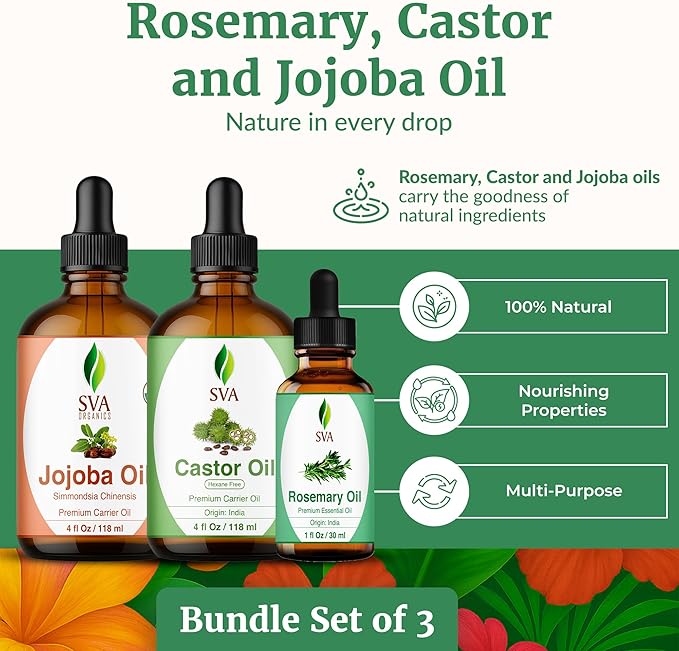 SVA Rosemary Essential Oil 1oz, Castor Oil 4oz, and Jojoba Oil 4oz Bundle Super Saver Combo – Premium Grade Value Set for Hair Oiling, Scalp Massage, Hair Care, Face, Skin Care, and Body Massage