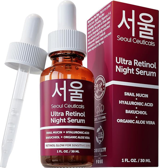SeoulCeuticals 1% Korean Retinol Night Serum for Face - 97.5% Snail Mucin + Hyaluronic Acid + Bakuchiol, Cruelty Free K Beauty for Sensitive Skin 1oz