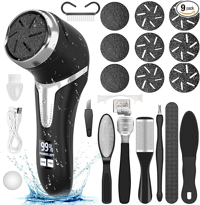 Electric Callus Remover for Feet (with Dander Vacuum), Portable Pedicure Kit Foot File Callus Remover, Rechargeable Waterproof Foot File for Foot Care Deadskin Remover with 9Head&LCD Display