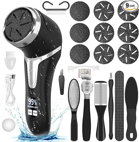 Electric Callus Remover for Feet (with Dander Vacuum), Portable Pedicure Kit Foot File Callus Remover, Rechargeable Waterproof Foot File for Foot Care Deadskin Remover with 9Head&LCD Display