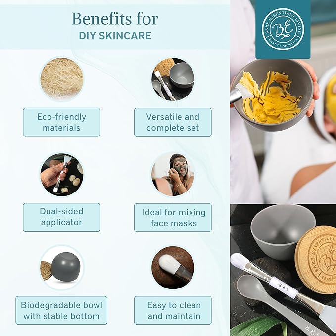 Bare Essentials Living - Clay Face Mask Mixing Bowl Set, Skin Care Kit Facial Bowls with Bamboo Lid, Face Mask Spoon, & Dual Sided Face Mask Brush Applicator for DIY Facials & Hair Mask (Blue Floral)