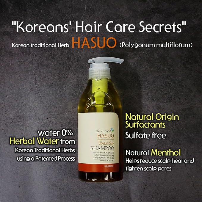 Skylake Hasuo Herbal Cool Shampoo with Fallopia Multiflora and Peppermint – Refreshing, Cleansing, and Cooling for the Hair – Unisex Herbal Formula
