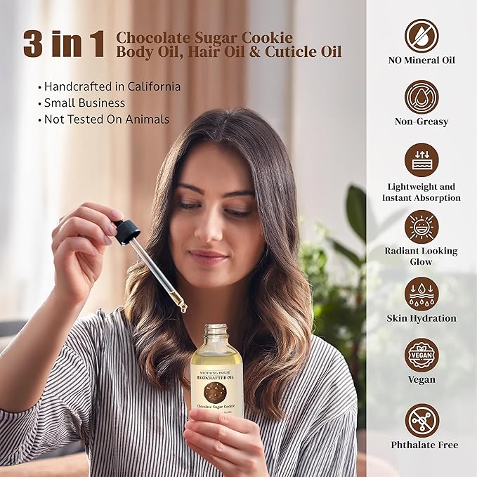 Chocolate Sugar Cookie Body Oil: Moisturizing Body Oil for Soft, Glowing Skin with Almond & Jojoba Oil (4 fl oz)