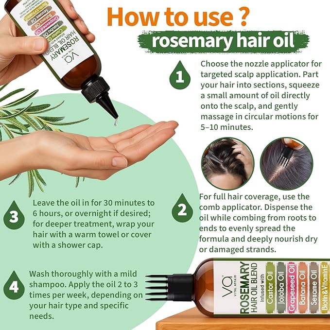 Blend Of Pure Rosemary Oil For Hair Growth With Castor, Batana, Jojoba Oil-Infused With Biotin & Vitamin E-Blend of Effective Hair Oils for Hair Growth-Strengthening Treatment 6 Fl Oz