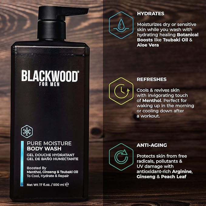 Blackwood For Men Pure Moisture Body Wash - Infused with Ginseng & Menthol - Natural Cleanser for Dry or Sensitive Skin - Ideal for Workout Recovery - Sulfate Free, Dye Free & Vegan (17 oz)