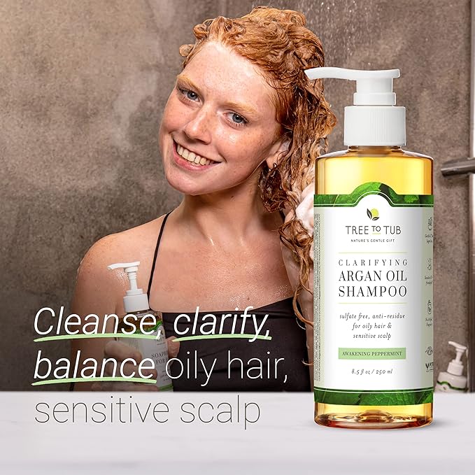 Tree to Tub Peppermint Shampoo for Oily Hair & Sensitive Scalp - Gentle Clarifying Shampoo for Build Up, Sulfate Free Anti Residue Hair Shampoo for Women & Men w/Organic Argan Oil, Natural Aloe Vera