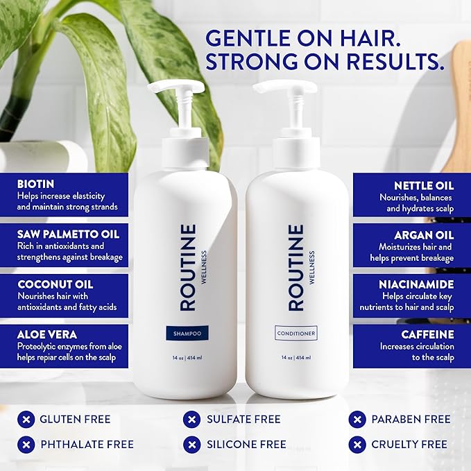 Routine Wellness Anti-Thinning Shampoo and Conditioner Set for Thinning Hair - Biotin DHT Blocker Women & Men - Color Safe Shampoo for Hair Loss & Healthier Hair - Jasmine & Orange Blossom (Pack of 2)