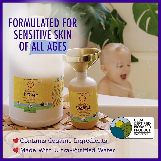 California Baby Calendula Shampoo and Body Wash - Allergy tested Baby Soap and Toddler Shampoo, for Dry, Sensitive Skin, 100% Plant-Based - USDA Certified, 251 mL / 8.5 fl. oz. (Pack of 1)