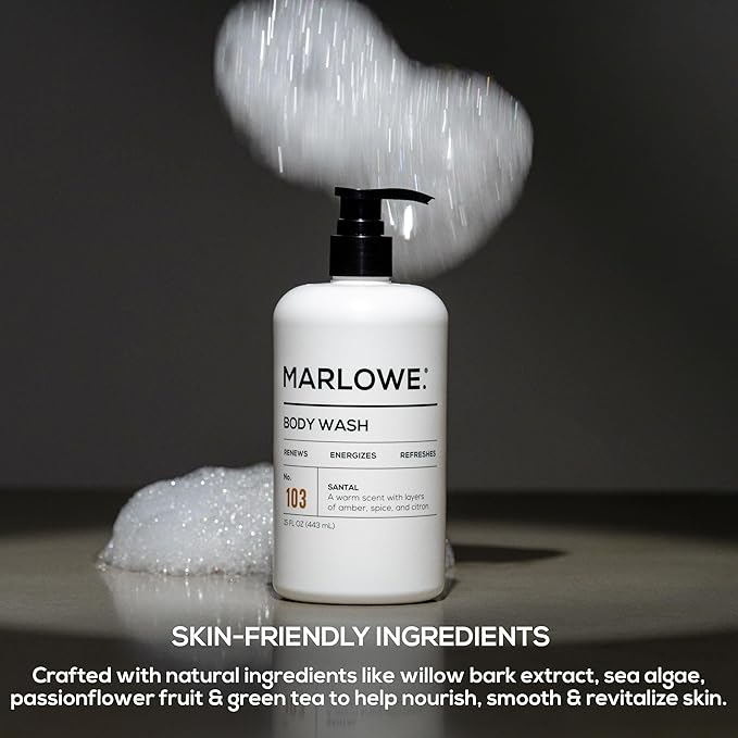 MARLOWE. No. 103 Body Wash 15 oz Pump, Santal, Energizing & Refreshing Shower Gel, Willow Bark & Green Tea Extracts, Cleanses, Moisturizes, Smooths & Nourishes, Warm Amber, Spice & Citron Scent