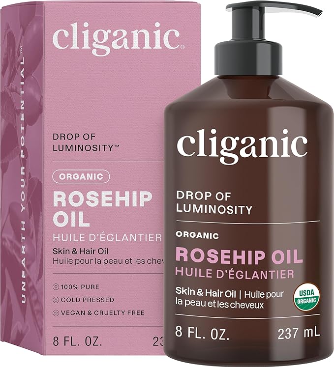 Cliganic Organic Rosehip Seed Oil for Face, 100% Pure | Natural Cold Pressed Unrefined Non-GMO | Carrier Oil for Skin, Hair & Nails (Packaging May Vary)