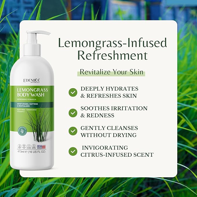 Lemongrass Body Wash with Vitamin E, Cleanses, Refreshes & Invigorates, Shower Gel for Dry and Sensitive Skin, Women & Men, Organic & Natural, 16 fl oz, 2-Pack