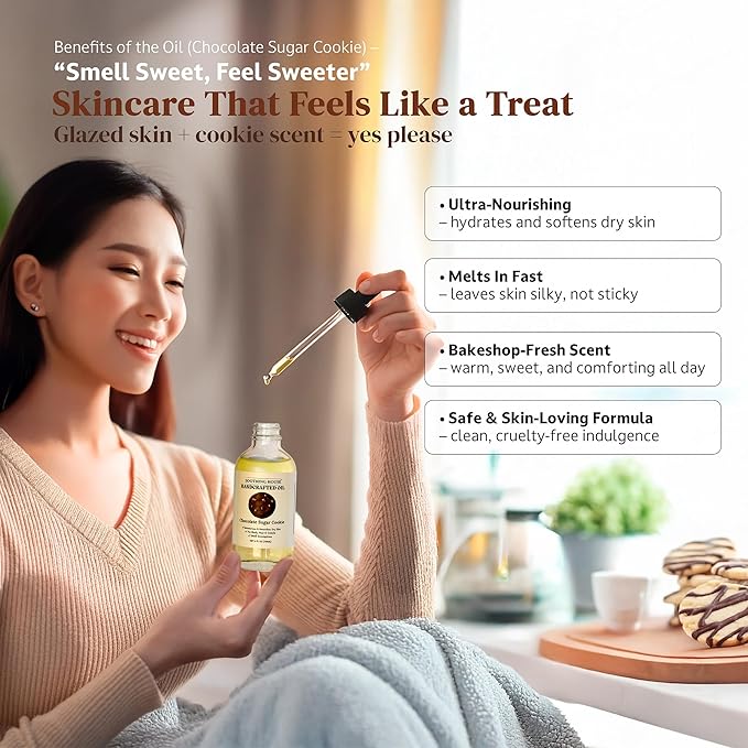 Chocolate Sugar Cookie Body Oil: Moisturizing Body Oil for Soft, Glowing Skin with Almond & Jojoba Oil (4 fl oz)