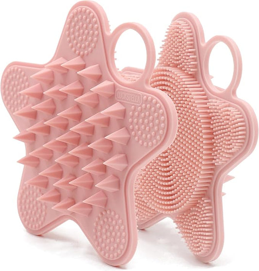 LUCKSTELLA 100% Silicone Dual-Sided Shower Brush – Star-Shaped Body Scrubber & Scalp Massager, Gentle for Hair & Skin (Pink)