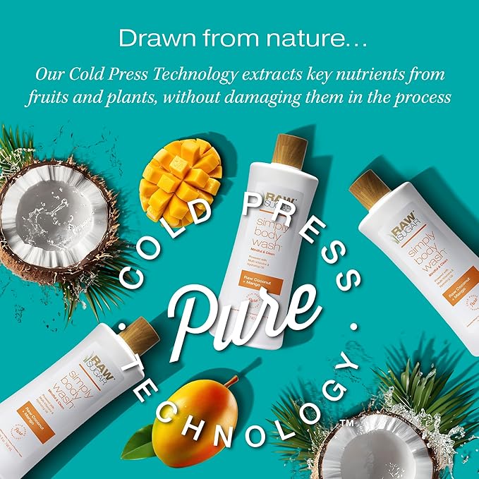 RAW SUGAR Simply Body Wash - Raw Coconut + Mango, Moisturizing & Soothing Bath & Shower Gel, Sulfate-Free, Paraben-Free & Vegan (Pack of 3)