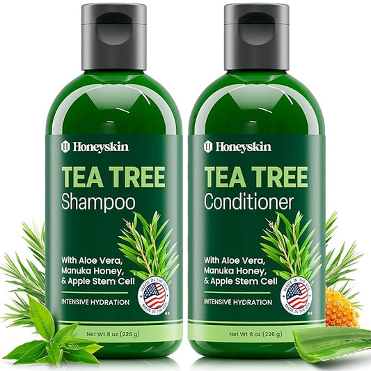 Tea Tree & Honey Shampoo & Conditioner Set - Dandruff Treatment With Organic Tea Tree Oil - Itchy Scalp Treatment for Women & Men - Sulfate and Paraben Free With Manuka Honey Aloe Vera & Coconut (8oz)